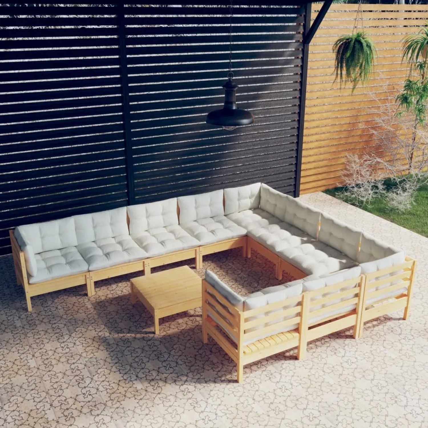 vidaXL Garten-Lounge-Set, 11-teilig, Kiefernholz mit creme Kissen. Gartenmöbel für Terrasse und Garten.