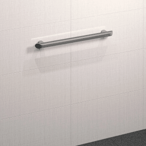Delabie Haltegriff Be-Line, anthrazitfarben, Länge 300 mm, an weißer Wand montiert.