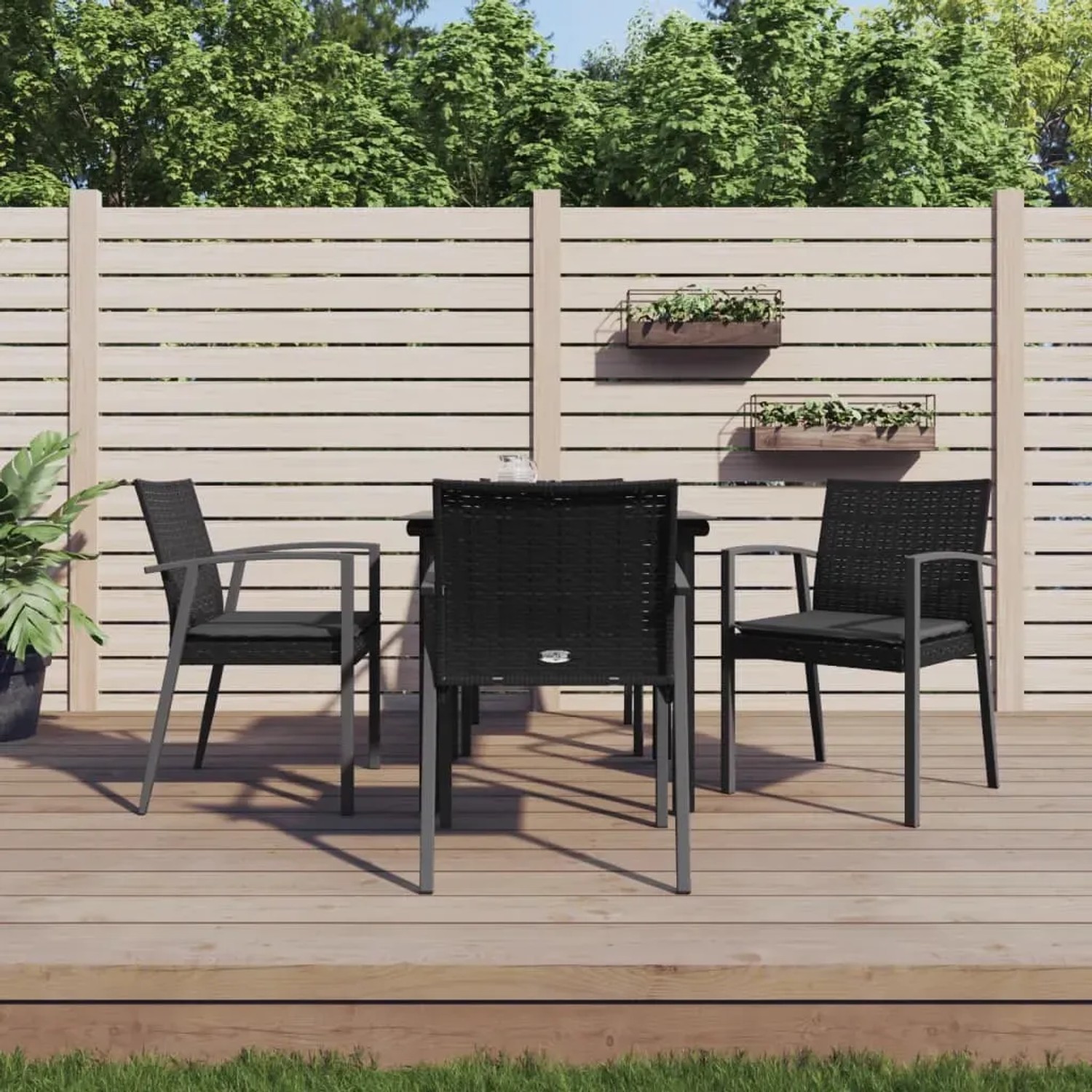 vidaXL 5-tlg. Garten-Essgruppe aus Polyrattan und Stahl, schwarz, mit Kissen.