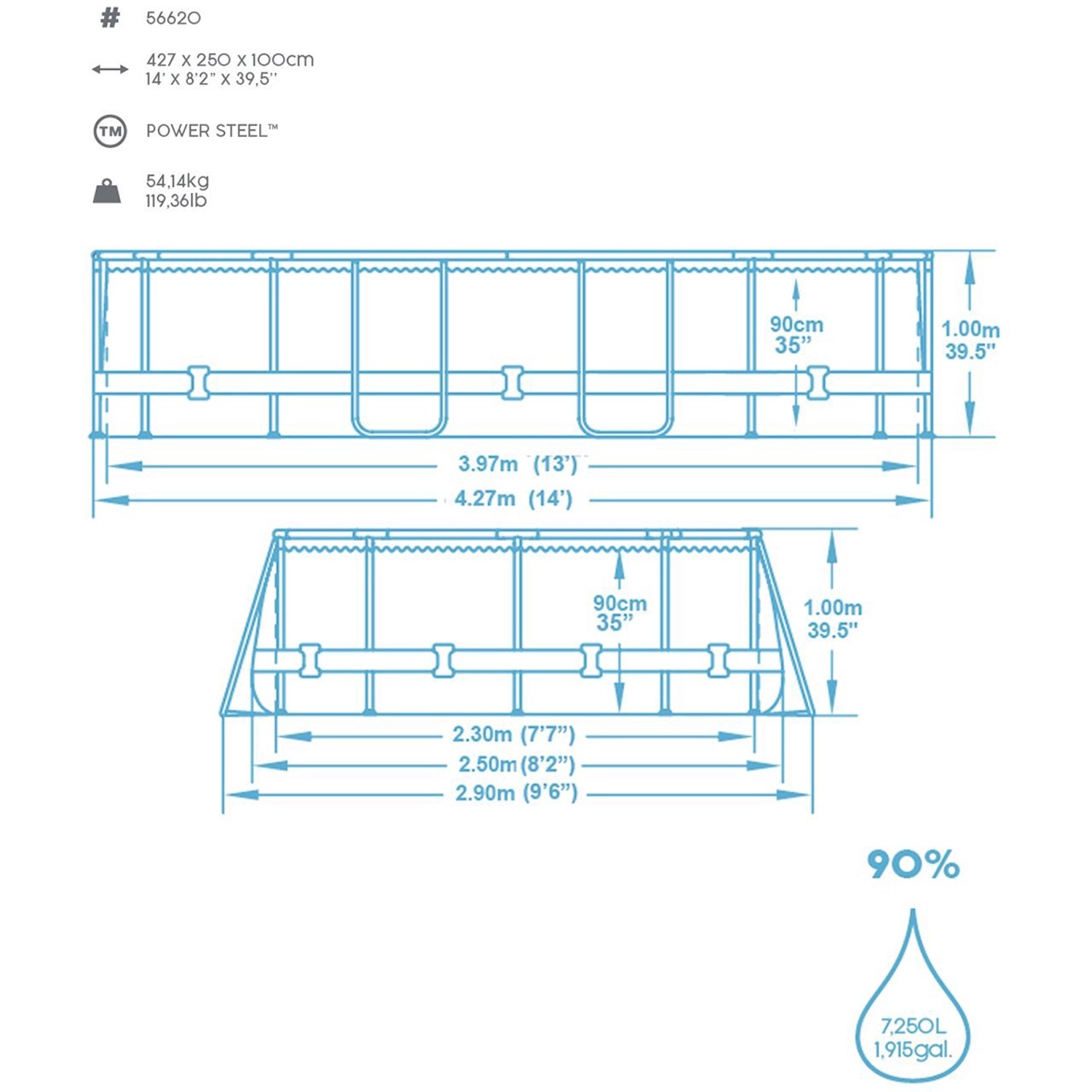 Technische Zeichnung Bestway Stahlrahmenpool-Set Power Steel, Maße und Füllmenge.