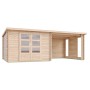 Karibu Gartenhaus Dortmund Set mit Anbaudach und Terrasse aus naturbelassenem Holz.