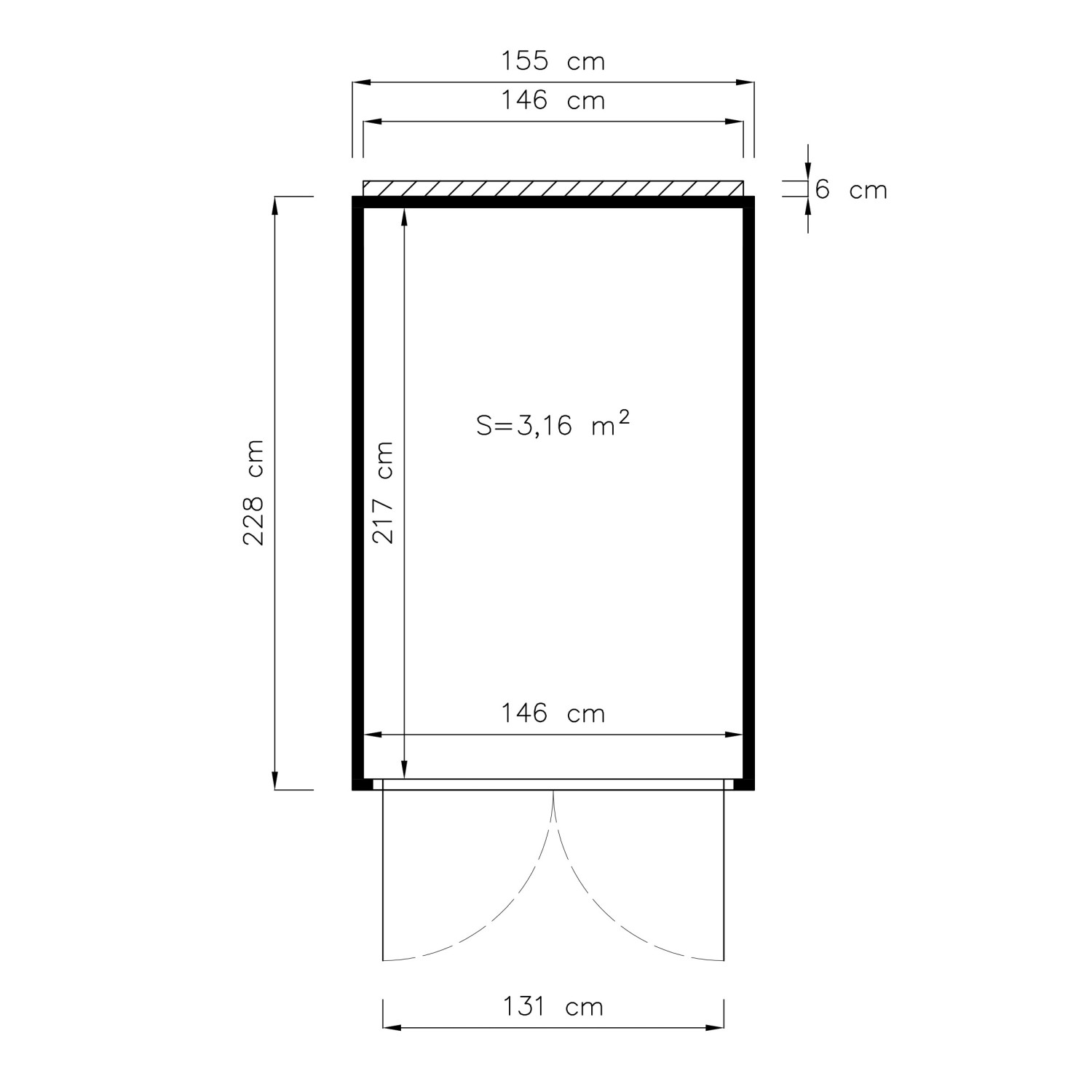 Grundriss Bertilo Gartenhaus HPL Bike Port 155x229 cm, Maße und Fläche.
