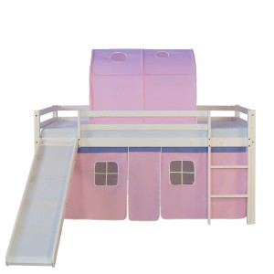 Homestyle4u Hochbett 90x200 Weiß mit Rutsche Vorhang Rosa 1567