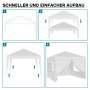 Schritt-für-Schritt-Aufbau des weißen Wiltec 3x3m Pavillons mit Gestell, Dach und Seitenwänden.