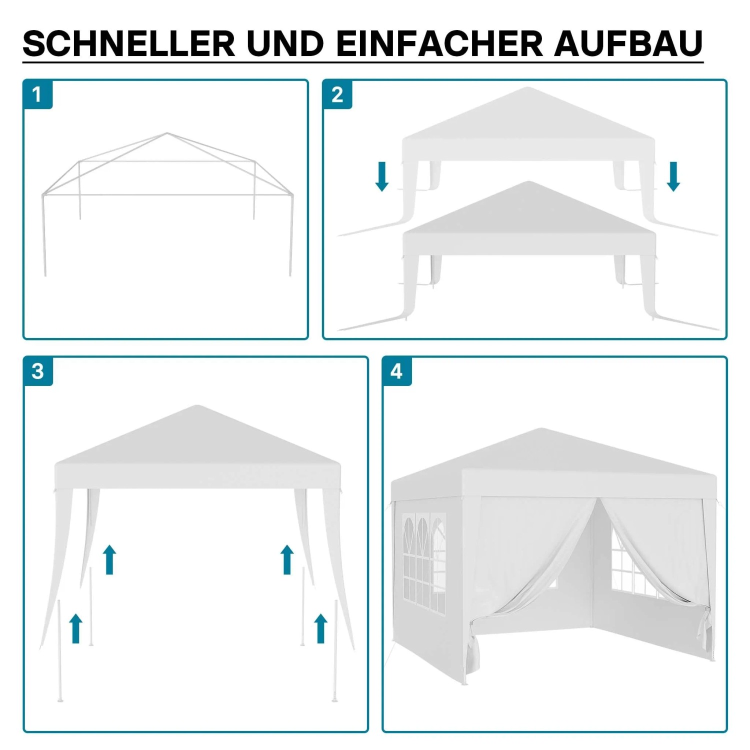 Schritt-für-Schritt-Aufbau des weißen Wiltec 3x3m Pavillons mit Gestell, Dach und Seitenwänden.