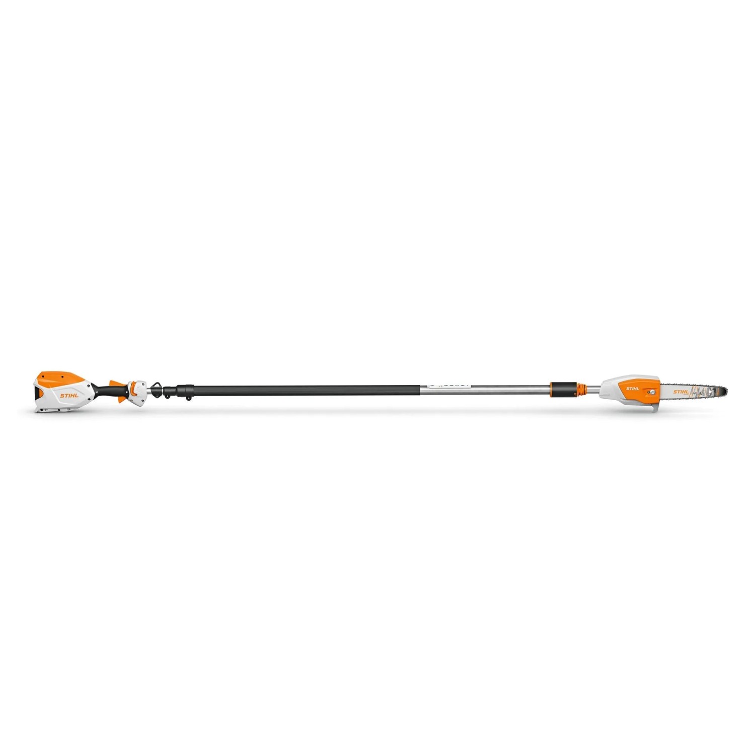 Stihl Akku-Hochentaster HTA 86, orange-grau, mit langem Teleskopschaft für Baumpflege und Astsägen.