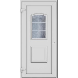 Weiße Kunststoff Haustür Roro OKE 1101 mit Glaseinsatz und Golden Oak Akzenten, DIN links.