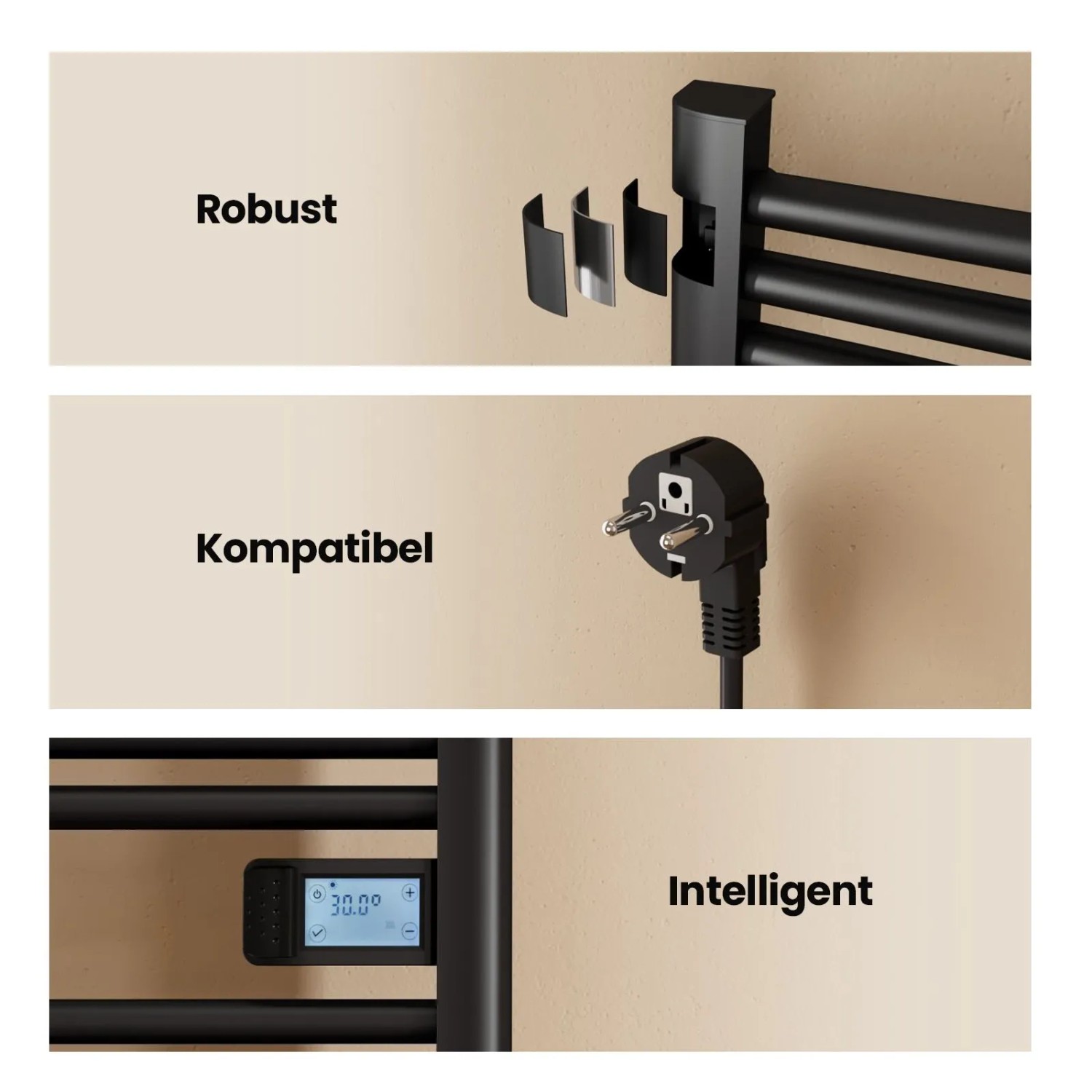 Details: Schwarzer Emke Handtuchwärmer elektrisch mit Thermostat und LED-Display.