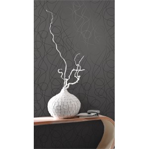 Vliestapete Schleifen Schwarz: Dekorative Tapete mit geschwungenem Muster in Schwarz und Grau.