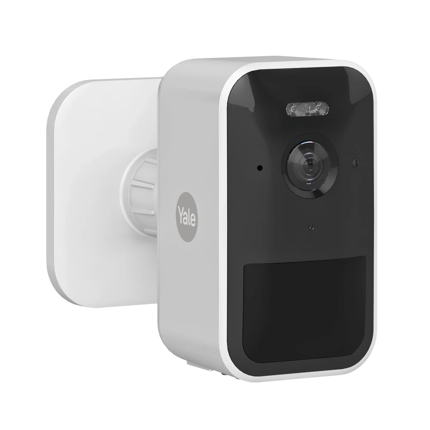 Yale Akku-Überwachungskamera für den Außenbereich, weiße Smart-Camera mit Full HD und Wandhalterung.