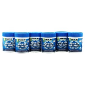 Sechs blaue Thetford Aqua Kem Blue Sachets Kunststoffbehälter für Campingtoiletten, Geruchskontrolle, 6 Dosen.