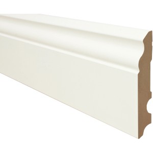 Weiße MDF Sockelleiste, 100x17x2600 mm, grundiert für individuelle Farbgestaltung.