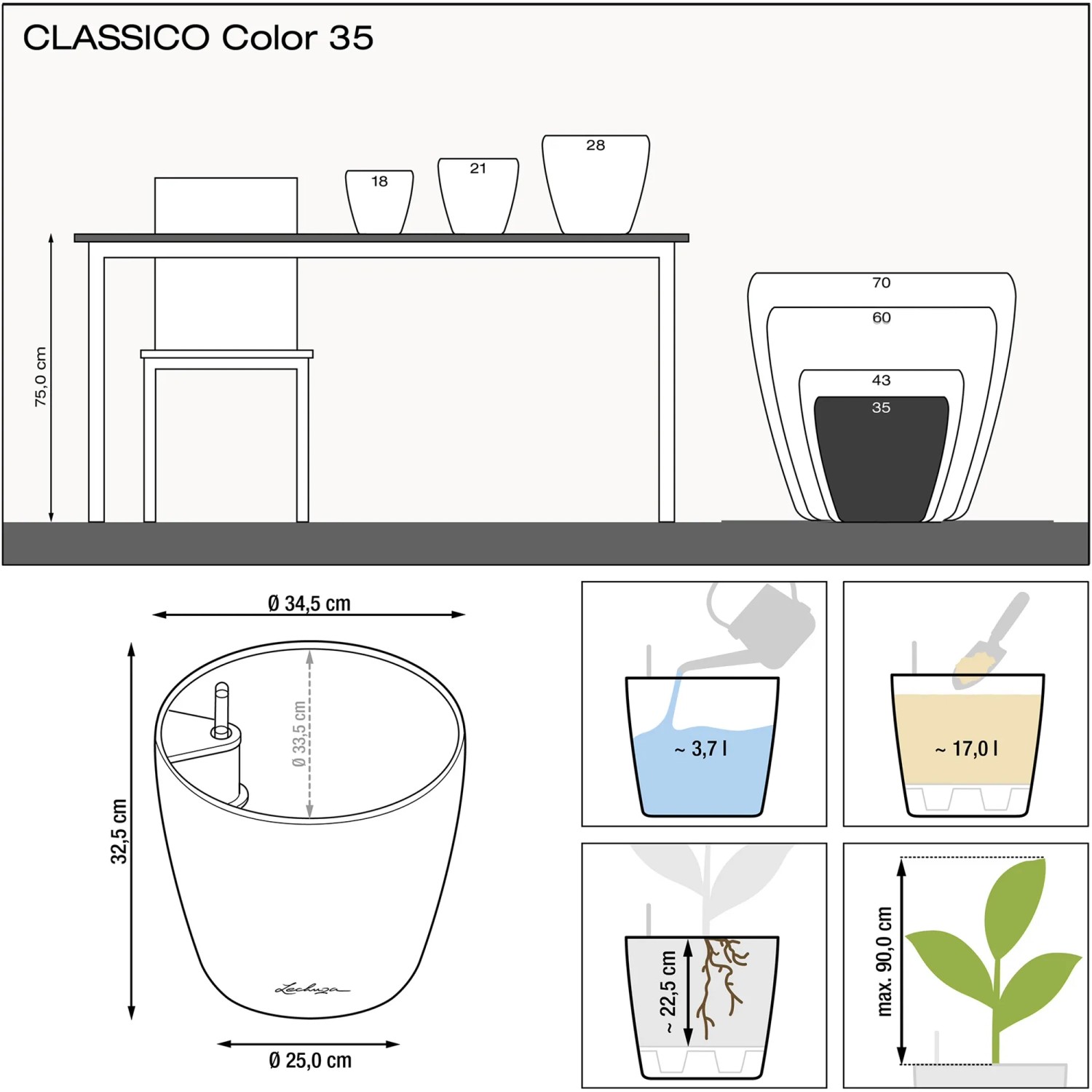 Lechuza Classico Color 35 Pflanzgefäß, weiße Ausführung, mit Maßangaben und Füllmengen.