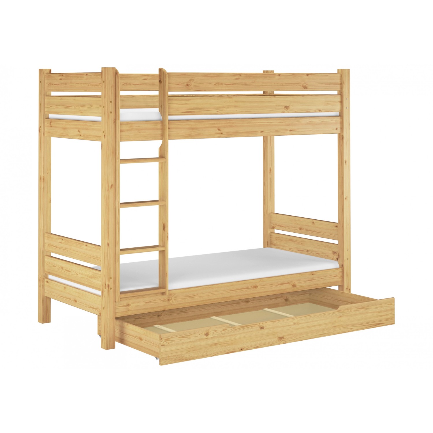 Stabiles Etagenbett aus Kiefernholz mit Rollrost und Bettkasten, 90x200 cm.