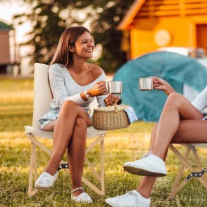 Costway 2er Set Campingstuhl Faltbar Bambusgestell Beige