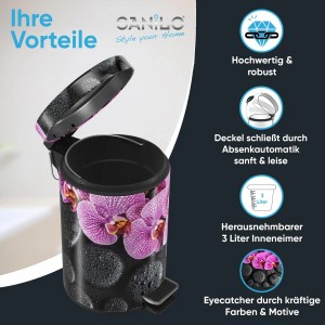 SANILO Kosmetikeimer Madeira, Mülleimer mit Orchideen-Motiv und Fußpedal.