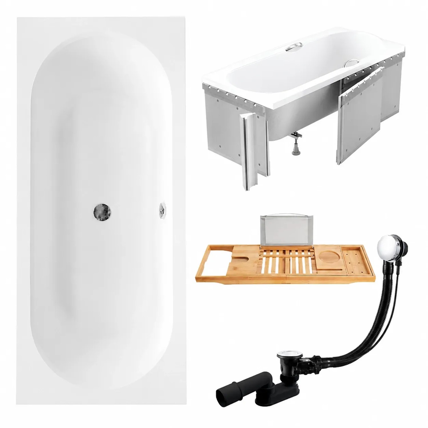 KOLMAN Badewanne Rechteck 170 x 75 Cm Mit Styroporverkleidung Mit Bambus Badewannenablage Inkl. Ablauf Und Füße