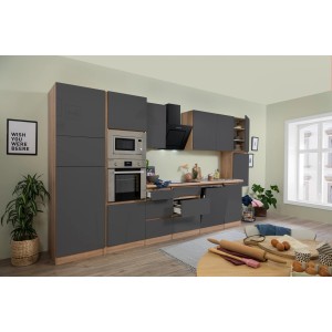 Respekta Premium Küchenzeile 395 cm, grifflos, grau hochglanz mit Eiche Sägerau Dekor.