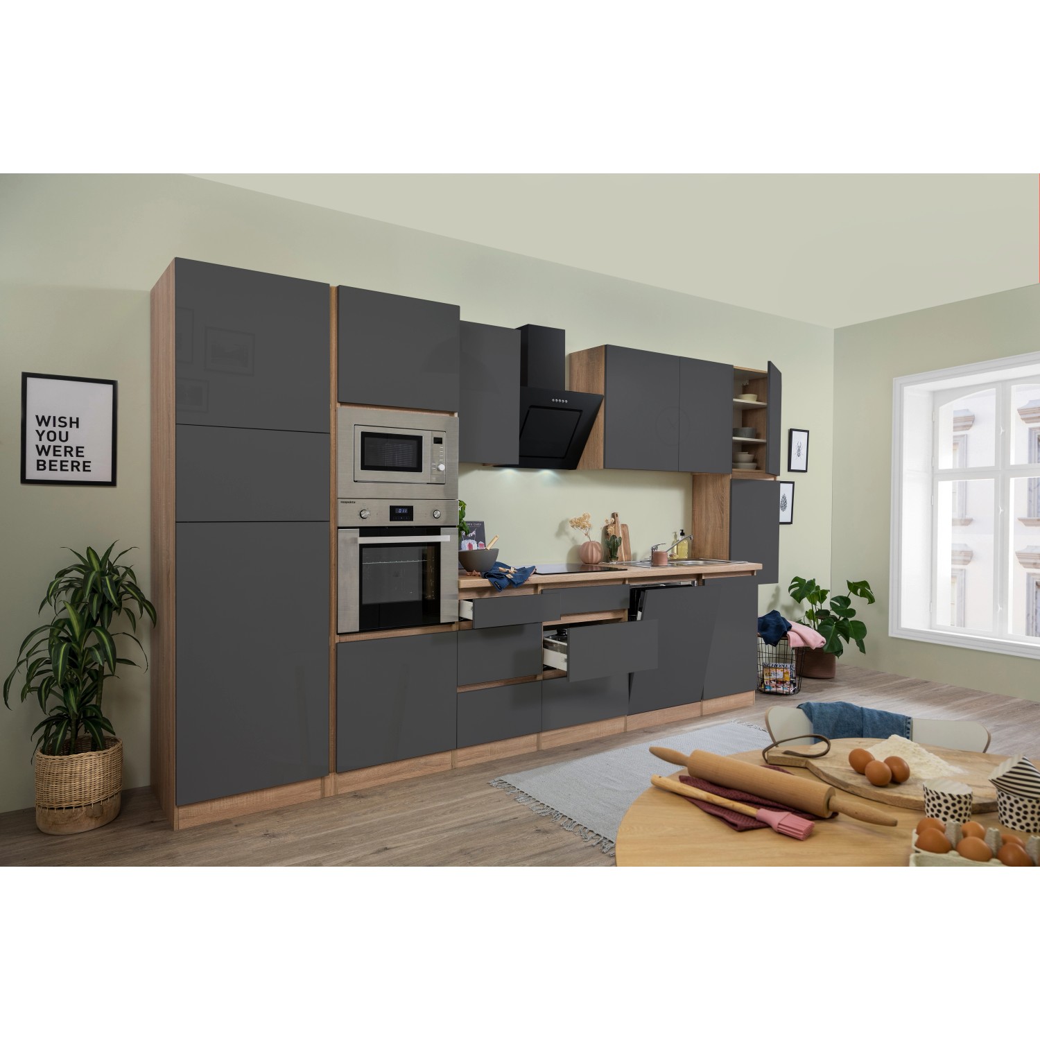 Respekta Premium Küchenzeile Grifflos 395 cm Grau Hochglanz-Eiche Sägerau günstig online kaufen