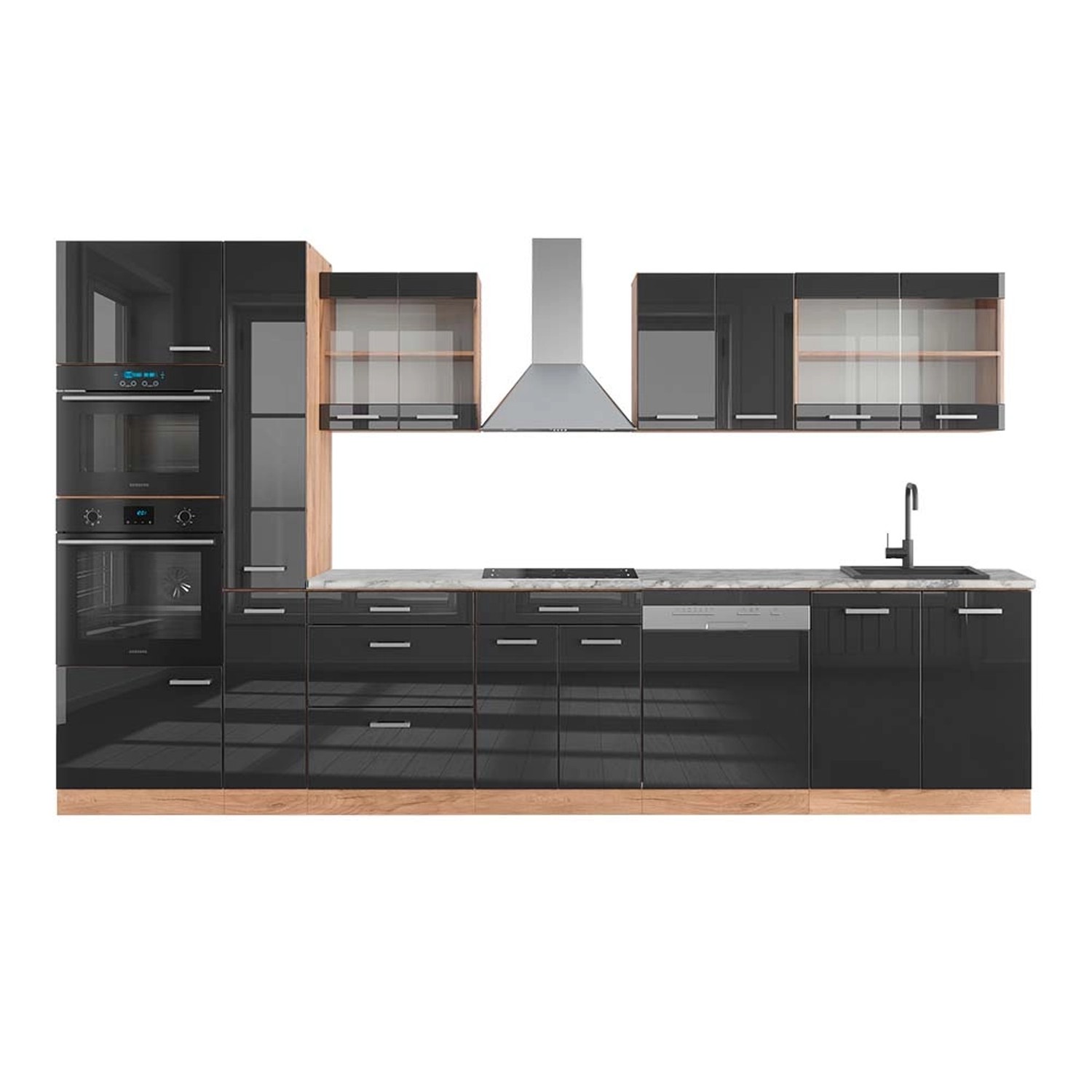 Vicco R-Line Küchenzeile Anthrazit Hochglanz/Goldkraft Eiche 350 cm mit Hoc günstig online kaufen