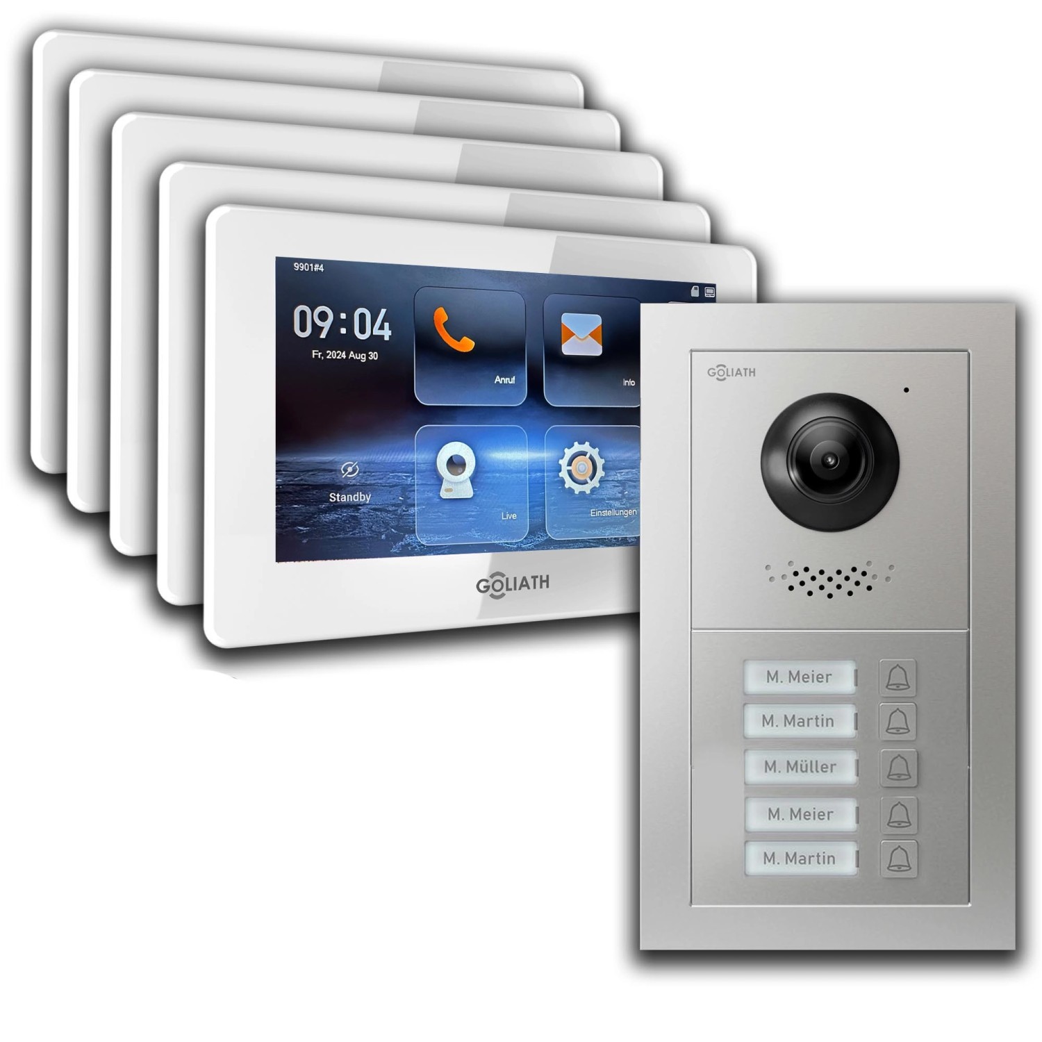 Goliath IP Video Türsprechanlage 5 Familienhaus 7 Zoll Weiß App Silber Unterputz