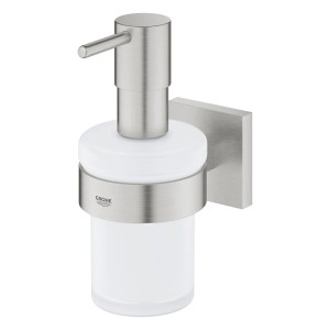 Grohe QuickFix Seifenspender Start Cube Supersteel mit Halterung, Glas/Metall, 160ml Füllmenge.