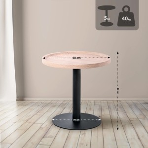 Runder Beistelltisch Aspen aus Eichenholz mit matt schwarzem Metallgestell. Maße: 40x40x42 cm. Max. 40 kg Belastbarkeit.