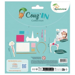 MyMandarine Einhorn Kostüm-Set zum Nähen. Zeigt alle Bastelmaterialien wie Filz, Haarreif, Zauberstab und fertige Kostümteile.