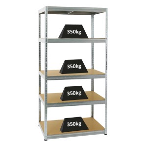 Verzinktes PROREGAL Schwerlastregal Slim Elephant mit 5 Ebenen und Gewichten zur Demonstration der Traglast.