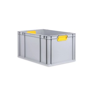 Graue PROREGAL Eurobox mit gelben Griffen und Deckel, 32x40x60 cm. Aufbewahrungsbox für Industrie und Gewerbe.