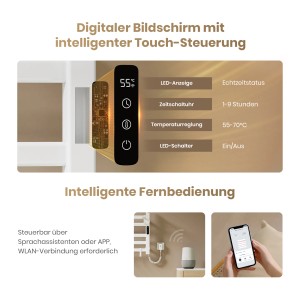Intelligentes Touch-Display des Emke Handtuchwärmers mit Temperatur, Timer und App-Steuerung via WiFi. Heizkörper.