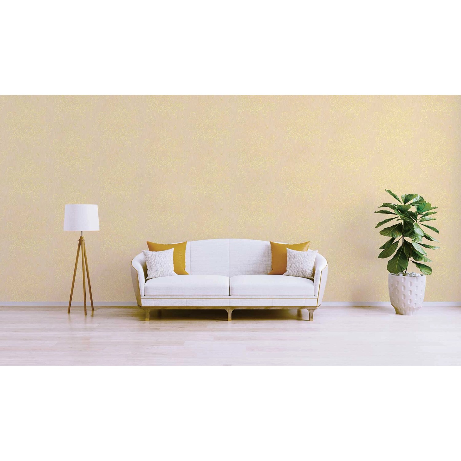 Wohnraum mit Tadessi Vliestapete Blumen Florentin Gold Creme Floral Abstrakt an der Wand.