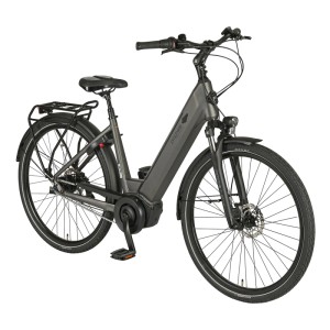 Graues Prophete City E-Bike Geniesser 3.0 Damenrad mit Mittelmotor und Gepäckträger.