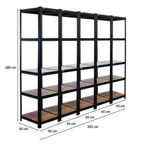 BERLINLODGE Mega Deal: 5x Wohnregal Ragnar, 180x45x45 cm, Vintagebraun/Schwarz. Bücherregal, Standregal, Büroregal.