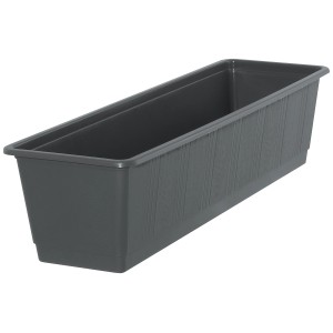 Anthrazitfarbener Geli Blumenkasten Standard, ca. 60 cm, aus Kunststoff mit Holzstruktur.