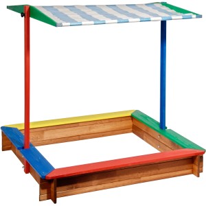 Quadratischer Sandkasten 120x120 cm mit blau-weißem Sonnenschutzdach und farbigen Sitzelementen.
