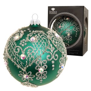 Grüne Krebs Glas Lauscha Weihnachtskugel Jewels, 10cm, mit silberner Verzierung und Strasssteinen.