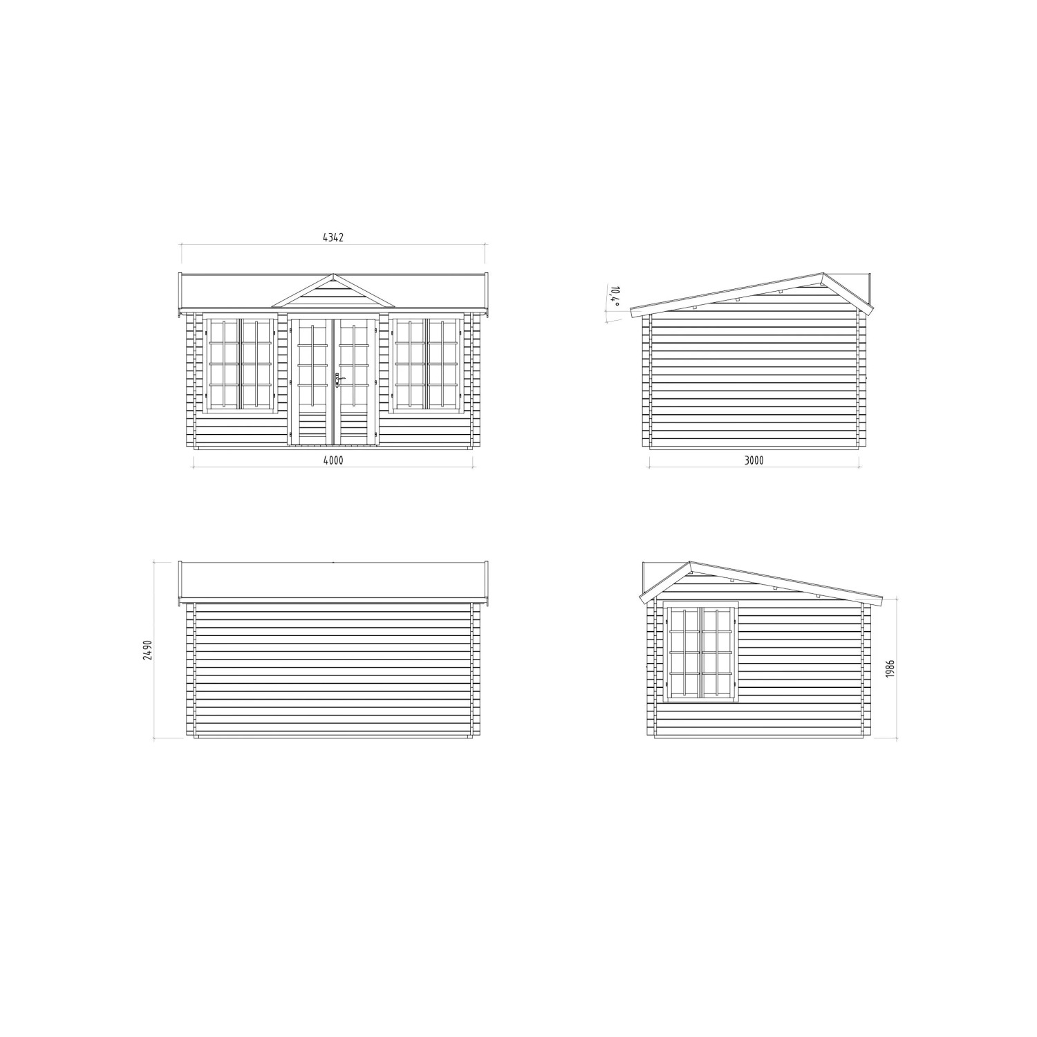 Technische Zeichnung Palmako Gartenhaus Claudia Pent 400x300 cm, Ansichten von allen Seiten mit Maßen.
