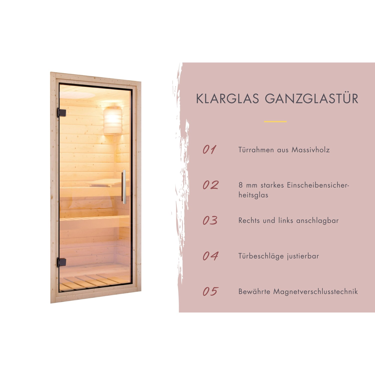 Detailaufnahme der Glastür für Karibu Saunahaus, Rahmen aus Fichte.