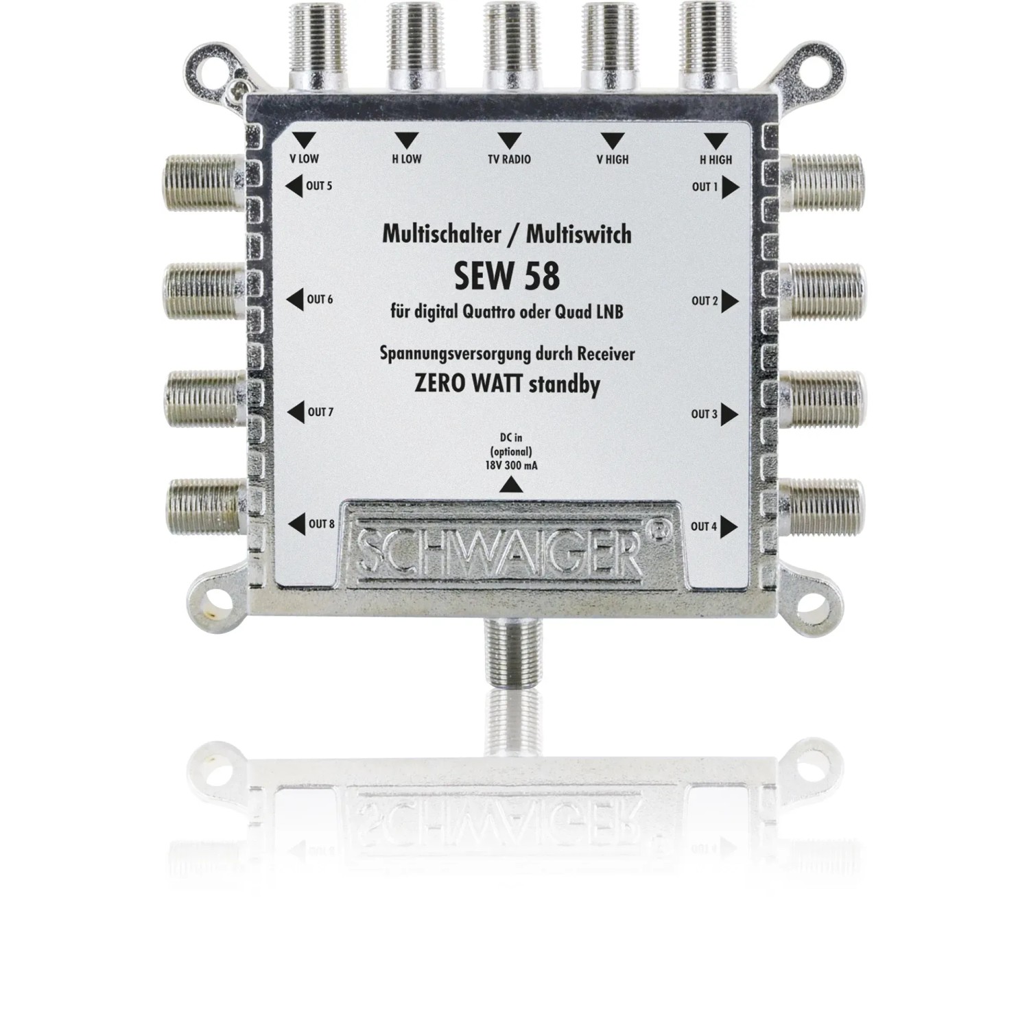 Schwaiger SAT-Multischalter 5-8 für bis zu 8 Teilnehmer, zum Verteilen von Satellitensignalen.