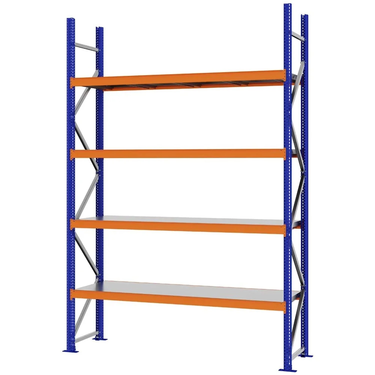 PROREGAL Weitspannregal Schraub-Stecksystem MAGNUS PRO Made In Germany Grundregal 300x200x50cm 4 Ebenen Stahlböden Fachlast 600kg Blau/Orange