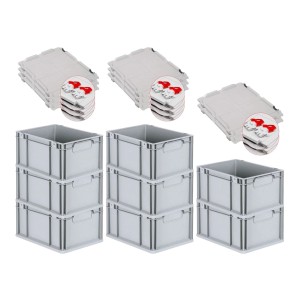 PROREGAL Spar Set: 8 graue Euroboxen mit Deckel und roten Verschlüssen, 20 Liter, gestapelt.
