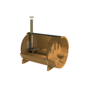 Fjordholz Fass-Sauna Modell 235 Thermoholz, geschnittenes 3D Modell mit Ofen, Bänken und isolierter Tür.