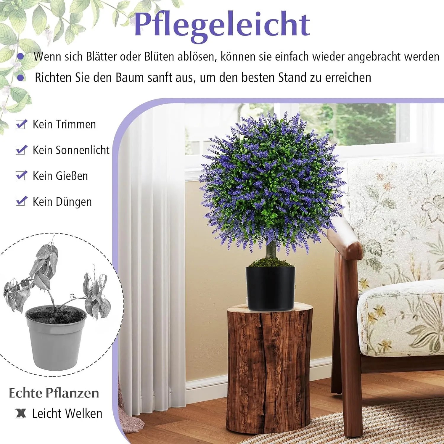 Costway Kunstpflanze Lavendel-Kugelbaum, lila Blüten, grüne Blätter im schwarzen Topf, 58cm.