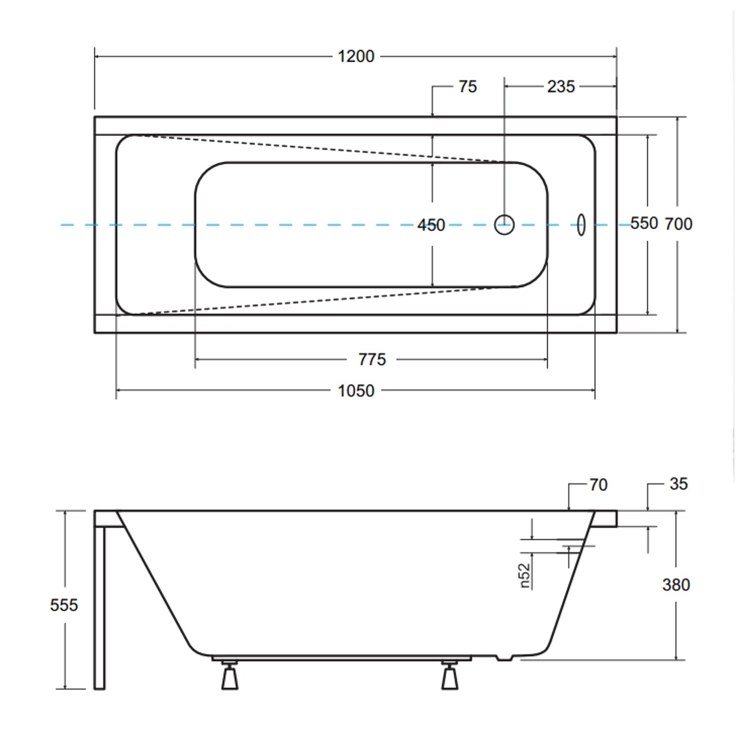 Bad Land Badewanne Rechteck MODERN 120x70 Ablauf Füße_5