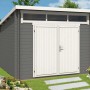 Modernes, anthrazitfarbenes Alpholz Gartenhaus Maria-Optima mit Pultdach und weißer Doppeltür.