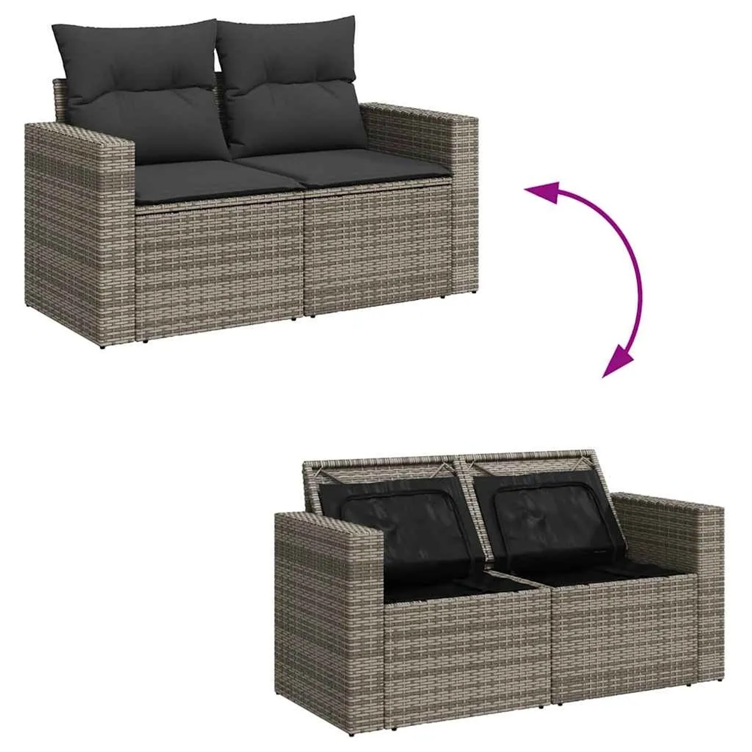 Graue 8-tlg. Garten-Sofagarnitur aus Polyrattan mit Kissen und Stauraum unter den Sitzen.
