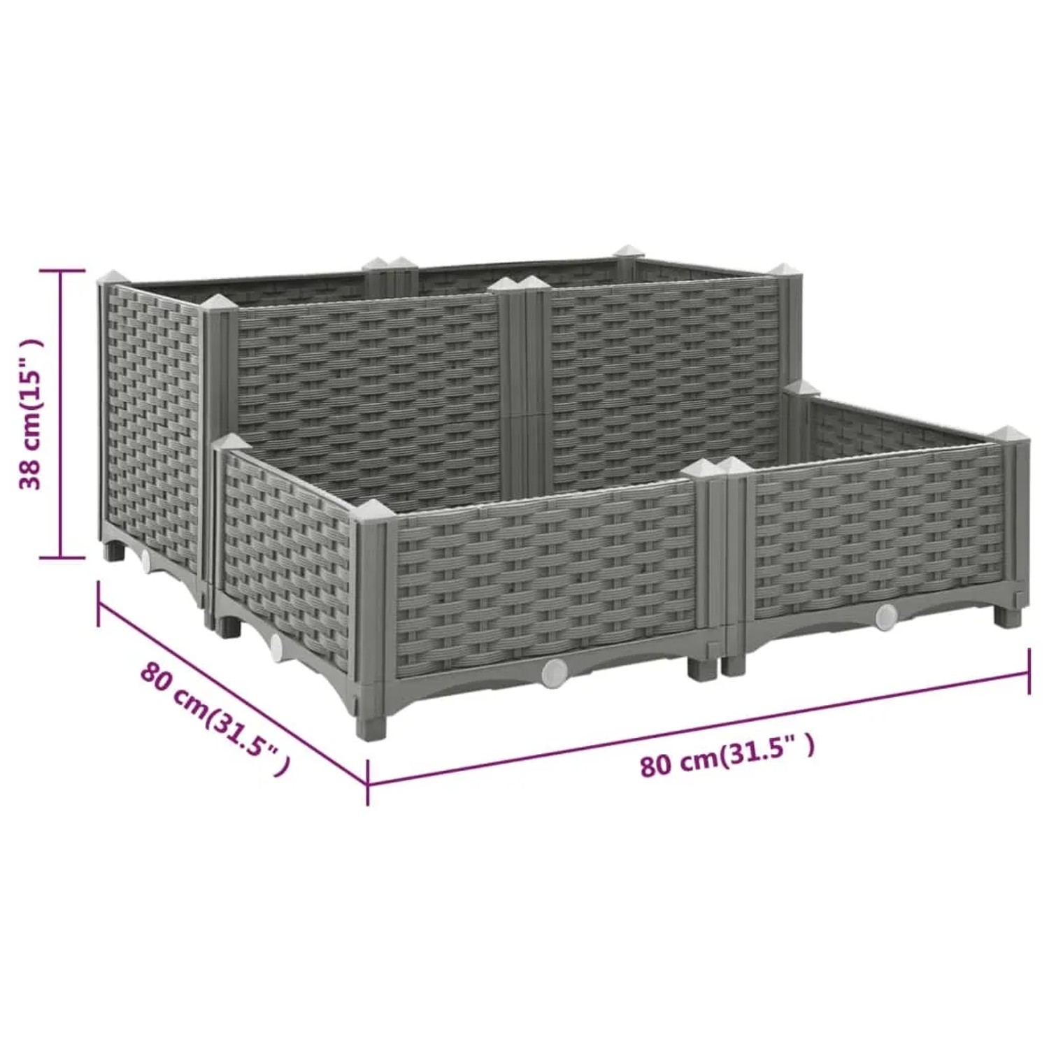 Hellgraues vidaXL Hochbeet (80x80x38 cm) aus Polypropylen in Rattan-Optik.