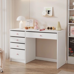 Weißer MDF-Schreibtisch mit fünf Schubladen und rosa Griffen, ideal als Sekretär und Arbeitsplatz für Kinder.