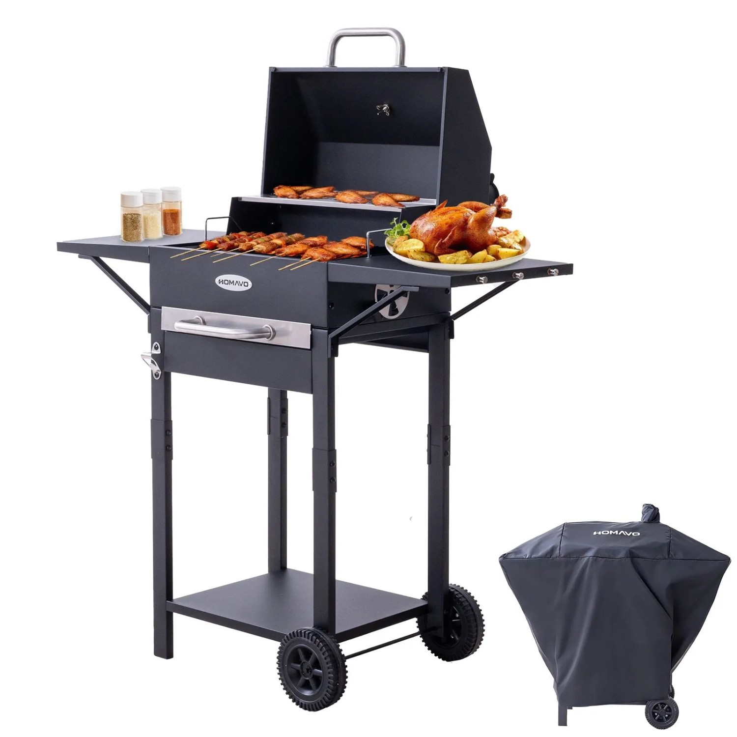 HOMAVO Holzkohlegrill mit Deckel & Abdeckung 45×32cm